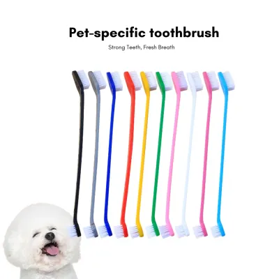 Pet Oral Care made easy with this long handle toothbrush featuring dual heads for all-around cleaning.