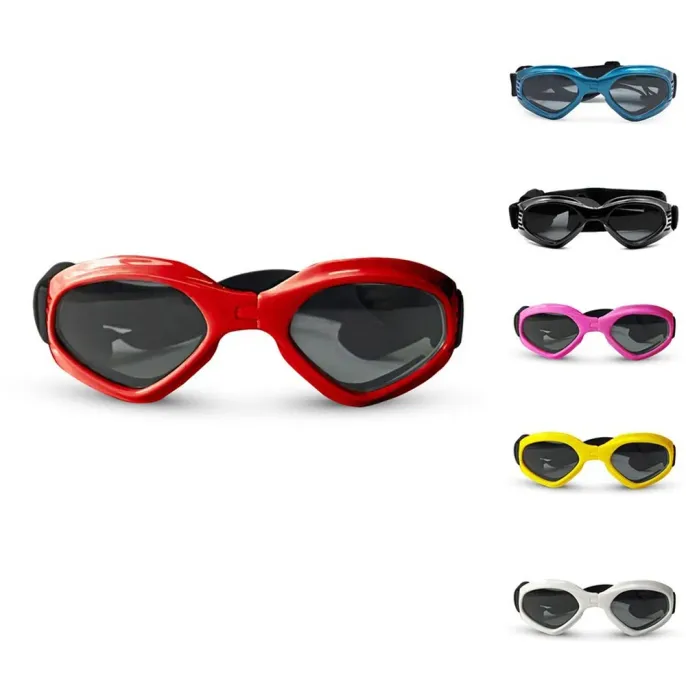 Adjustable dog eyewear with UV protection.