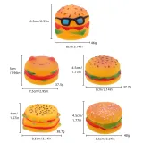 Squeaky hamburger toy for pets, encouraging chewing, fetching, and playtime.