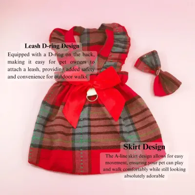 Cat Fashion Dress Fashionable Plaid Dress with Bowknot Headband for Cats