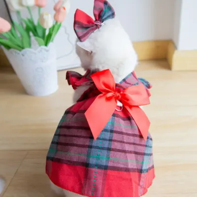 Bowknot Cat Dress Fashionable Plaid Dress with Bowknot Headband for Cats