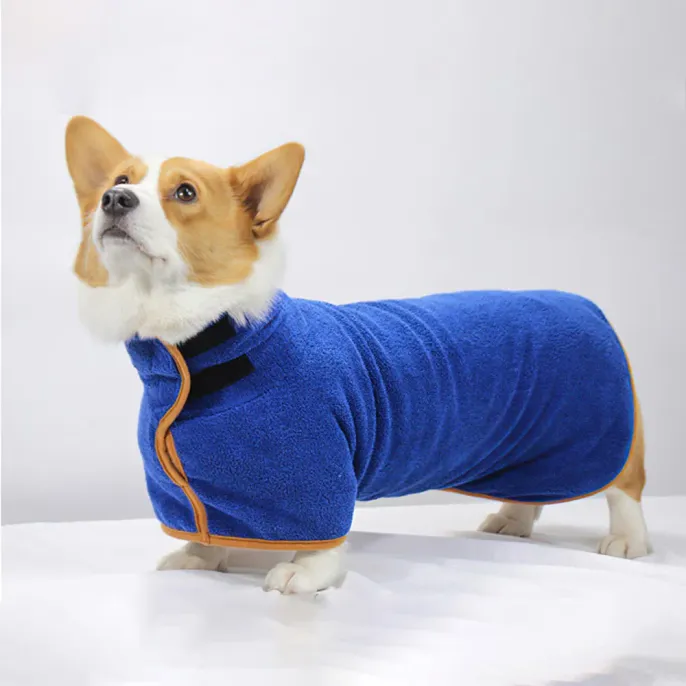 Pet bathrobe that keeps your pet cozy and warm during colder weather.