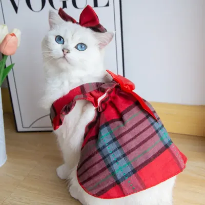 Cat Dress with Bowknot Fashionable Plaid Dress with Bowknot Headband for Cats