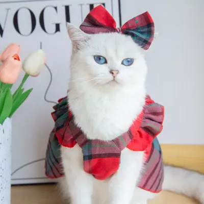 Plaid Cat Dress Fashionable Plaid Dress with Bowknot Headband for Cats