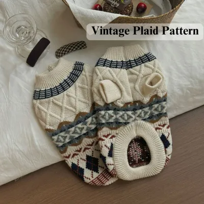 Fair Isle Dog Sweater Vintage Plaid Pattern Knitted Fair Isle Pattern Warm Cute Puppy Sweater