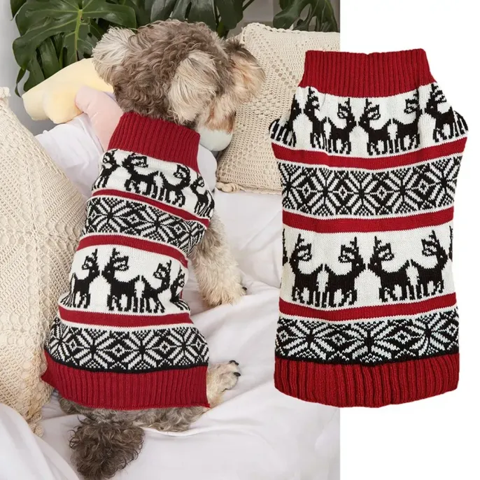 Vintage Dog Christmas Sweater, Knit Xmas Reindeer Holiday Festive Christmas Dog Sweaters Double Reindeer Reindeer Christmas Knit Dog Sweater Winter Holiday Festive