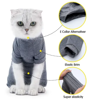 cat recovery suit (1) Comfortable and Secure Fit for Cats: The elastic brim around the neckline ensures a snug fit without causing discomfort, making it an ideal choice for postoperative recovery or regular wear.