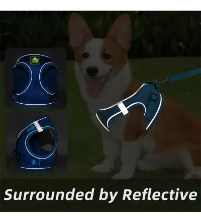 small dog harness and leash set (2) Multi-Directional Reflective Design: The reflective strips on the harness provide enhanced visibility from multiple angles, making pets more noticeable during nighttime walks or when visibility is low.