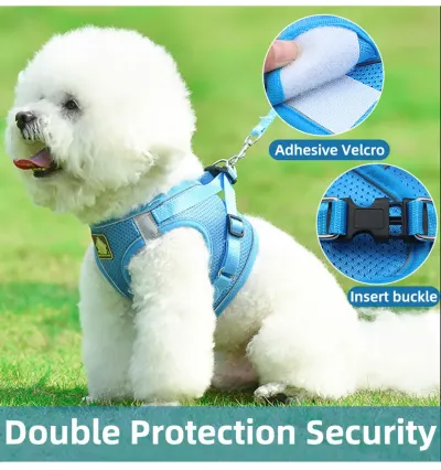 small dog harness and leash set (3) Adjustable Chest Strap for a Custom Fit: The harness features an adjustable chest strap, offering a secure fit that can be customized to meet the specific needs of any pet, providing comfort and control.