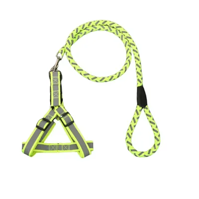 Reflective Braided Choke Free Harness with Leash Green Reflective Braided Dog Leash with Harness