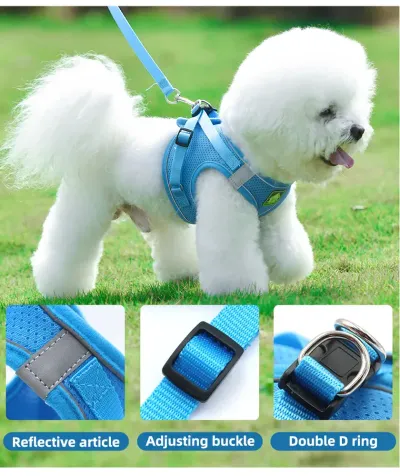 small dog harness and leash set (4) High-Quality Stitching for Durability: The harness is reinforced with strong stitching and durable materials to ensure longevity, withstanding daily wear and tear without sacrificing comfort.