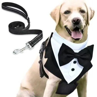 This vest-style harness with a bowtie combines elegance and functionality, offering a stylish and comfortable solution for pets attending formal events or daily walks.
