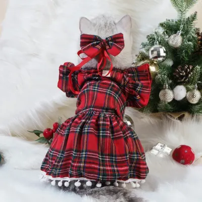 Christmas Dress Plaid Pattern Festive Pet Costume for Dogs and Cats Cat Dress Red Plaid Pattern Dress for Cats and Puppies