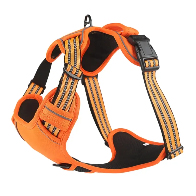 large dog harness with handle (1) This harness offers versatility with its adjustable buckle, allowing for a secure and comfortable fit on pets of different sizes, catering to a wide range of customers and pet types.