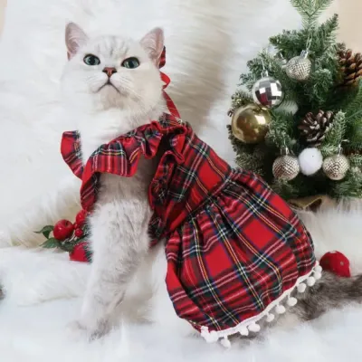 Christmas Dress Plaid Pattern Festive Pet Costume for Dogs and Cats Cat Clothes Red Plaid Pattern Dress for Cats and Puppies