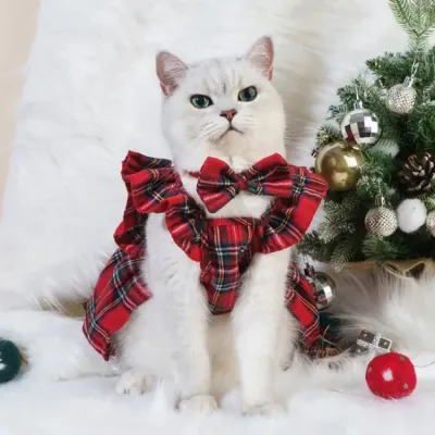 Christmas Dress Plaid Pattern Festive Pet Costume for Dogs and Cats Display Red Plaid Pattern Dress for Cats and Puppies