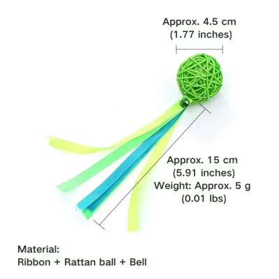 cat ball toy (2) Retailers will appreciate the quality and appeal of this interactive cat toy. The combination of a rattan ball, colorful ribbons, and a bell makes it a standout product in any pet care section.