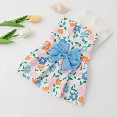 Charming floral print dog dress with a cute bowknot, offering a comfortable fit and stylish look for small dogs, perfect for everyday wear and special occasions.