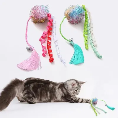 cat toys with bell (1)_1 Keep your cat active and entertained with this fun, interactive glitter ball toy featuring colorful tassels and a crisp bell sound.