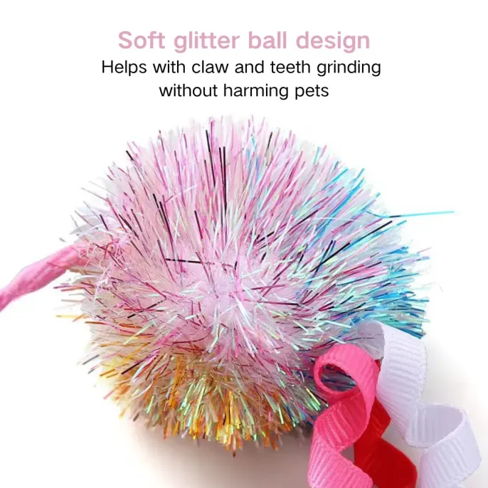 cat toy tassel (3) With a safe and soft design, this glitter ball toy is perfect for clawing, teeth grinding, and interactive play, keeping your cat entertained and engaged.