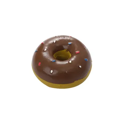 A durable latex donut-shaped dog toy with a built-in squeaker, perfect for dental care and interactive play for dogs of all sizes.