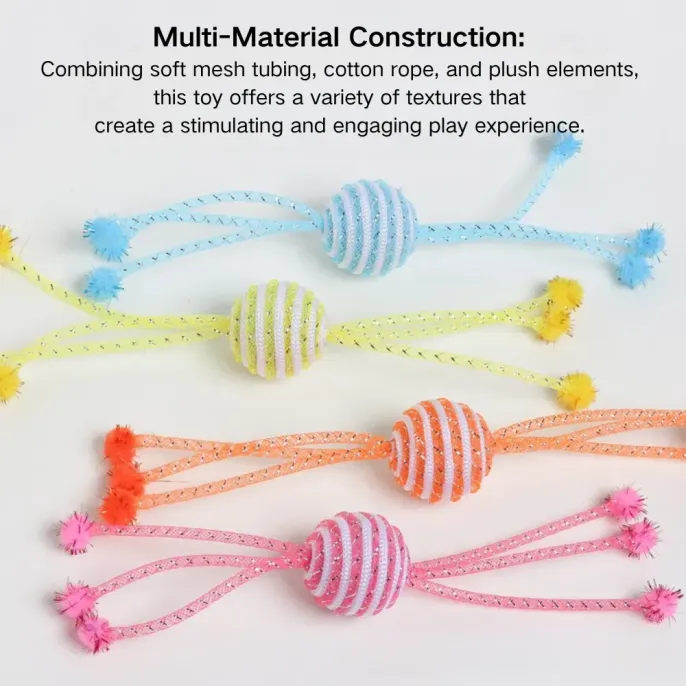 The multi-material design of this cat toy—featuring soft mesh tubing, cotton rope, and plush—provides a unique tactile experience that encourages cats to play and exercise, making it an attractive option for pet stores.