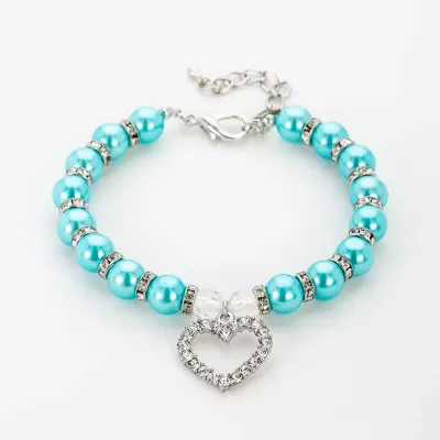 Pet Pearl Necklace with Rhinestone Heart Pendant Blue Pet Pearl Necklace with Rhinestone Heart Pendant