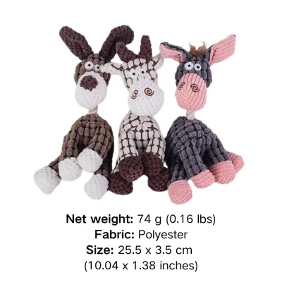 plush dog toys (3) Designed with detailed embroidery and soft cotton rope, this cute corn velvet donkey toy provides both a durable and visually appealing option for pet businesses looking to offer high-quality pet products.