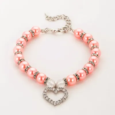 Pet Pearl Necklace with Rhinestone Heart Pendant Pink Pet Pearl Necklace with Rhinestone Heart Pendant