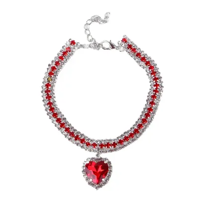 Rhinestones Cat Collar with Bling Charm Red Shiny Heart-shaped Diamond Pet Necklace