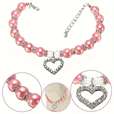 Pet Pearl Necklace with Rhinestone Heart Pendant Details Pet Pearl Necklace with Rhinestone Heart Pendant