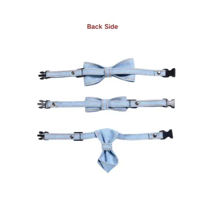 Pet Denim Bow Tie Collar (2) Stylish 3-piece denim collar set with adjustable neck strap, featuring a large bow tie, small bow tie, and neck tie – perfect for dressing up cats and dogs for any occasion.