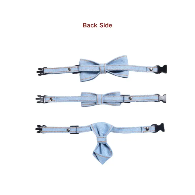Pet Denim Bow Tie Collar (2) Stylish 3-piece denim collar set with adjustable neck strap, featuring a large bow tie, small bow tie, and neck tie – perfect for dressing up cats and dogs for any occasion.