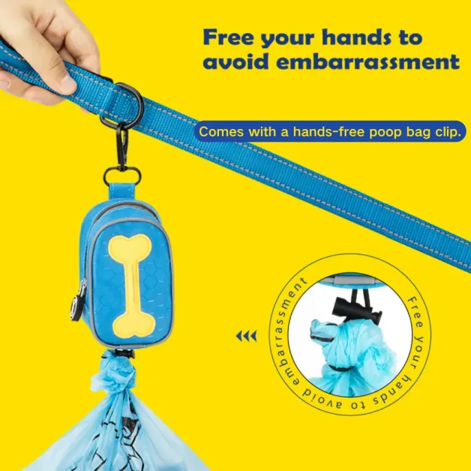 Durable, waterproof dog poop bag dispenser with hands-free holder, large capacity, quick-access zipper, and carabiner – perfect for pet owners who value convenience and functionality.
