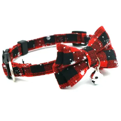 Cat Collar with Christmas Snowflake Pattern Bow tie and Tiny Bell Red Snowflake Pattern Bow tie Pet Collar with Bell