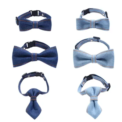 Pet Denim Bow Tie Collar (3) This denim bow tie collar set includes a large bow tie, a small bow tie, and a neck tie, offering a versatile and stylish solution for dressing up pets for various occasions.