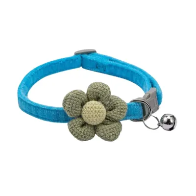 Adjustable Pet Necklace with Flower Charm and Bell Blue Adjustable Pet Necklace with Flower Charm and Bell