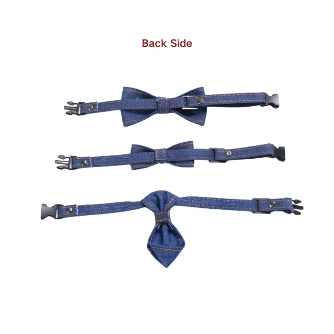 Pet Denim Bow Tie Collar (1) Durable and Long-Lasting: Made from durable denim material, this collar set is designed to withstand daily wear and tear while maintaining its fashionable look.