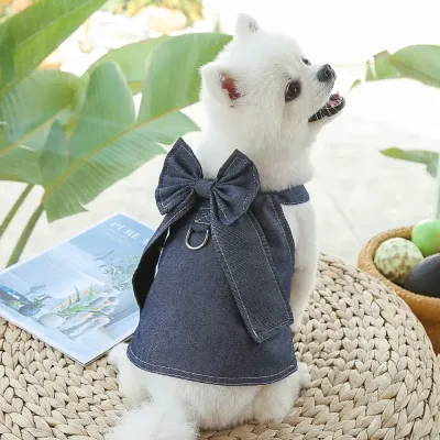 Pet Denim Dress with Butterfly Bow (5) Comfortable and Breathable: Crafted from soft denim fabric, this dress is lightweight and breathable, ensuring your pet stays comfortable during outdoor activities.