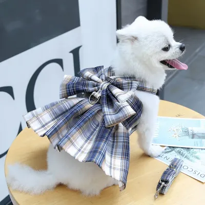 Summer Plaid Pet Dress with Bowknot Dog Dress College Style Pet Dress with Large Bowknot