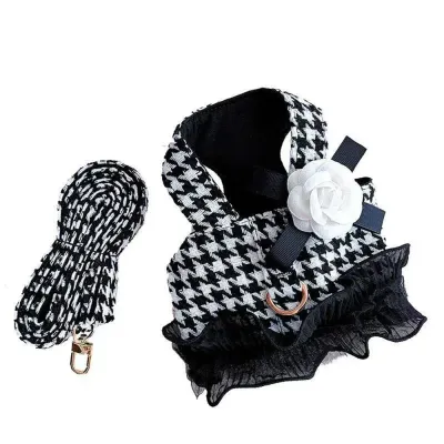Houndstooth Pattern Dog Harness Vest with Bowknot