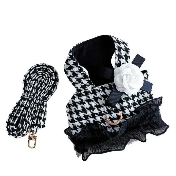 Houndstooth Pattern Dog Harness Vest with Bowknot