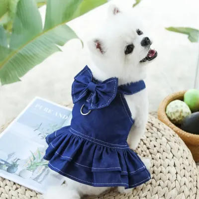 Pet denim dress with D-ring, leash-ready, for small and medium dogs and cats.
