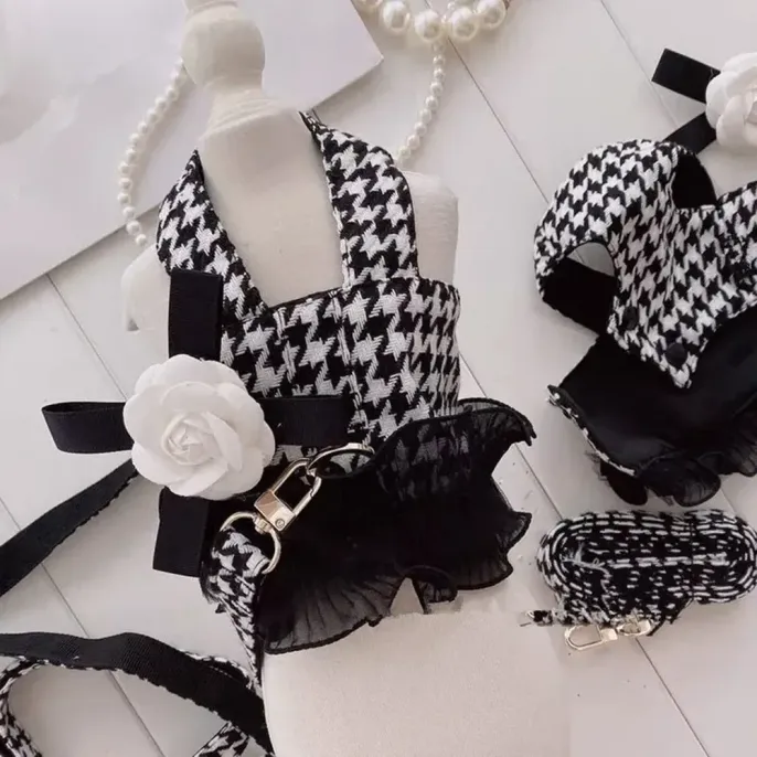 Houndstooth Pattern Dog Harness Vest with Bowknot