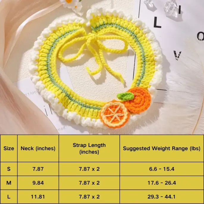 Cute 3D orange crochet pet collar bib, perfect for photoshoots and special occasions.