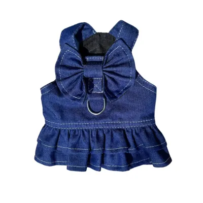 Denim dress with leash harness for dogs and cats, small and medium pet apparel.