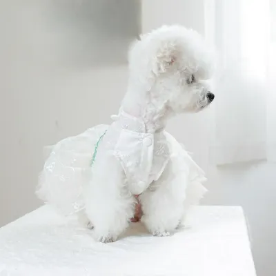 Puffy Tulle Pet Dress (6) A stylish mint green puffy tulle dress with a pearl necklace design, perfect for special events like weddings and photoshoots, featuring snap closures for easy dressing.