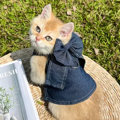 Pet Denim Dress with Butterfly Bow (2)_1 Dog & Cat Denim Dress with Butterfly Bow and D-ring Leash for Small & Medium Pets: