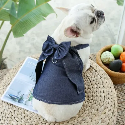 Pet Denim Dress with Butterfly Bow (4) Leash Harness Design: The dress includes a built-in harness with a D-ring for easy leash attachment, making it a functional choice for walks and adventures with your furry friend.