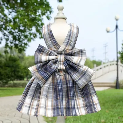 Summer Plaid Pet Dress with Bowknot Display College Style Pet Dress with Large Bowknot